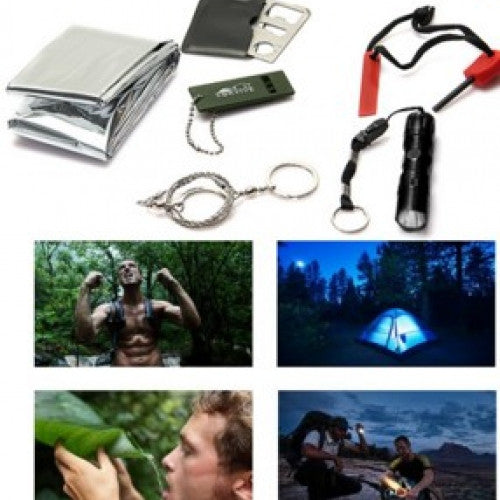 Survival Kit Gear Hiking Camping Set Fire Starter + Wire Saw + Card knife + Outdoor Whistle + Flashlight + Blank - 6 in 1